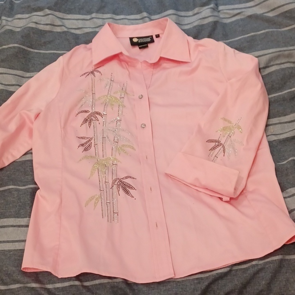 Christine Alexander Crystalli Long Pink Shirt Sz L, palm embellishments